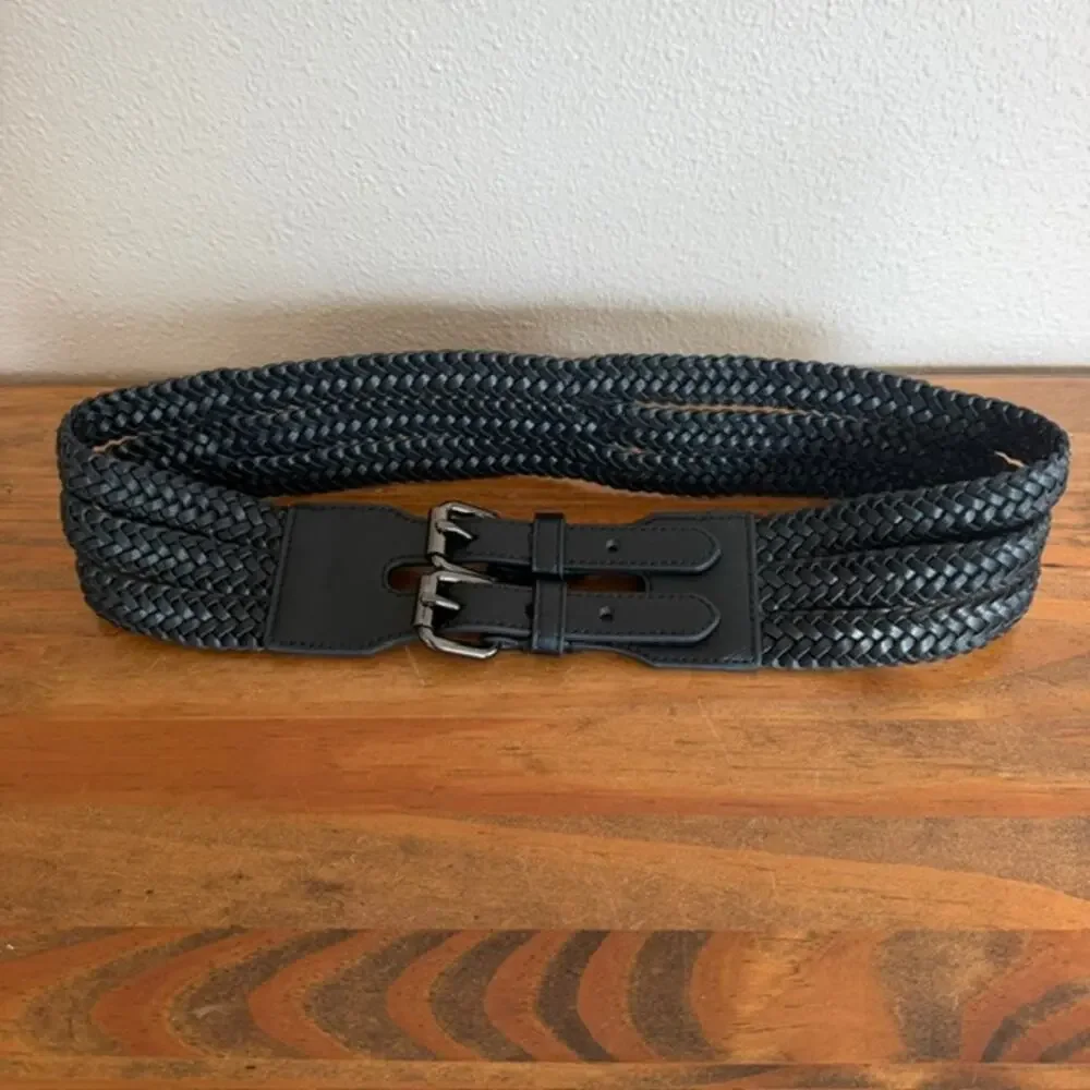 BCBGMAXAZRIA Black Wide Braided Double Buckle Belt - Small